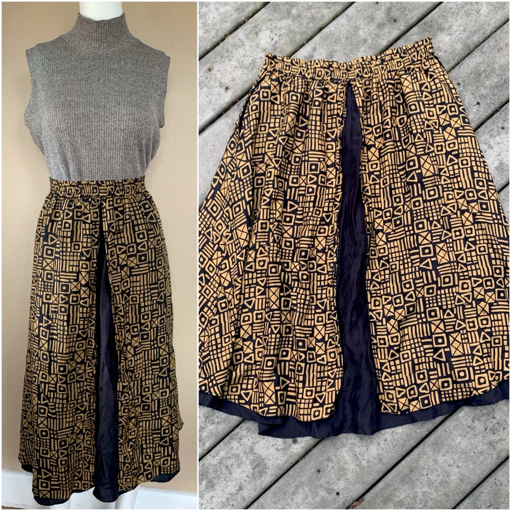 American Vintage Black and Gold A-Line Natural Silk Geometric Midi Skirt